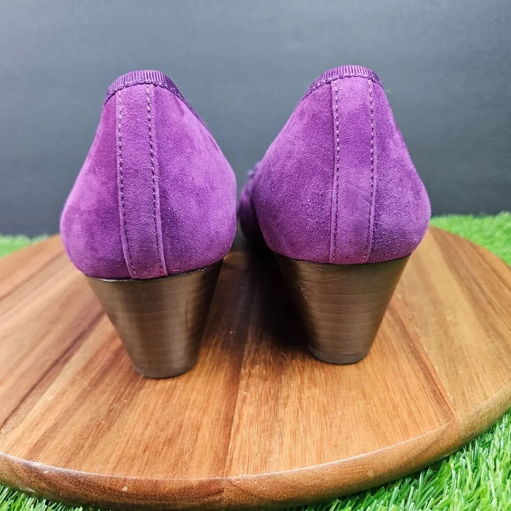 Tory Burch Purple Leather Suede Chelsea Wedge Heels Bow Logo Round Toe 10 M